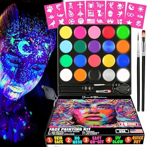 Jim&Gloria Face Painting Kit for Kids Professional Halloween Party Makeup, Skin Safe Facepaint Body Paint Palette - Metallic, Glow in the Dark + Tattoo Stencils, Brushes, UV Black Light Christmas Gift Cover