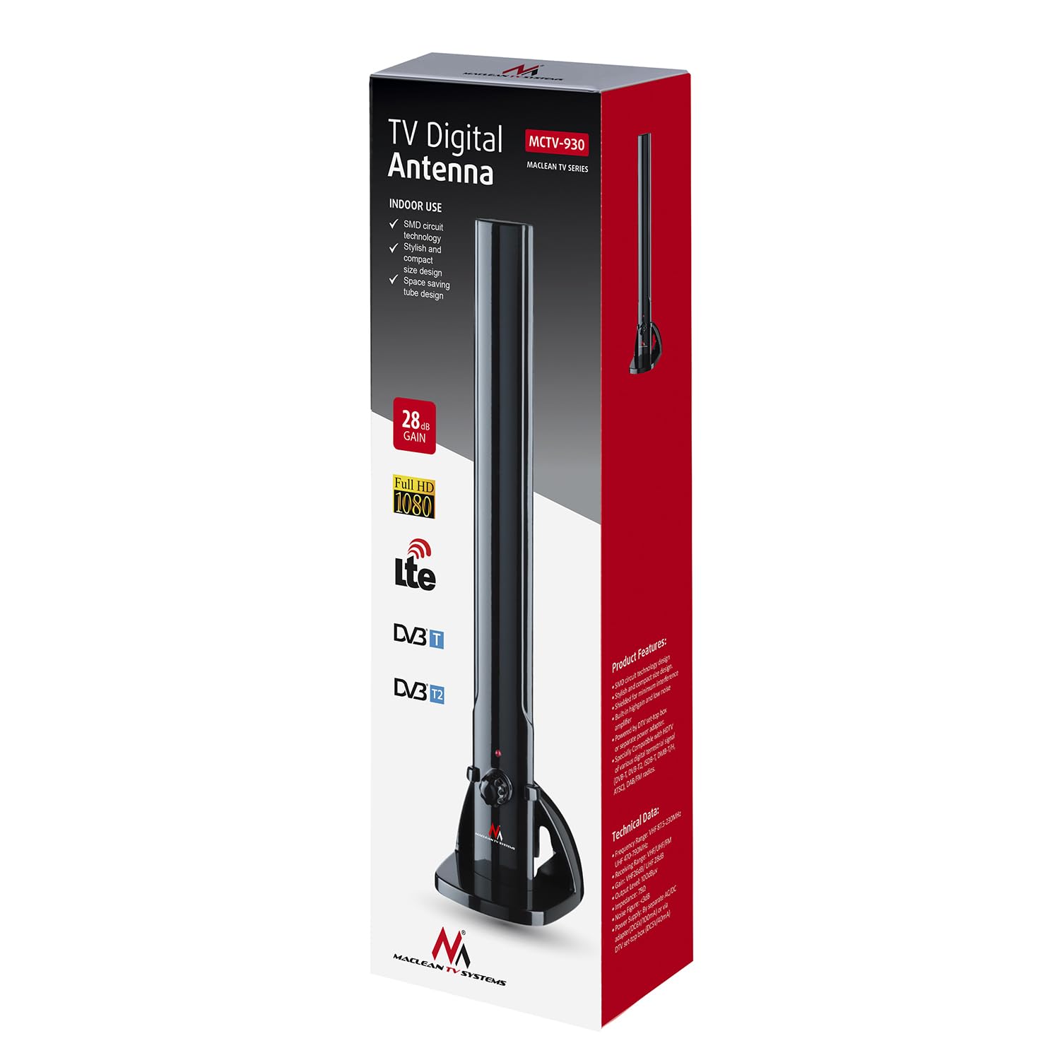 Maclean MCTV-930 Antenne intérieure TV Antenne Radio HDTV DVB-T/T2 H.265 HEVC LTE Amplificateur Dab FM 100dBμV Digital Terrestre