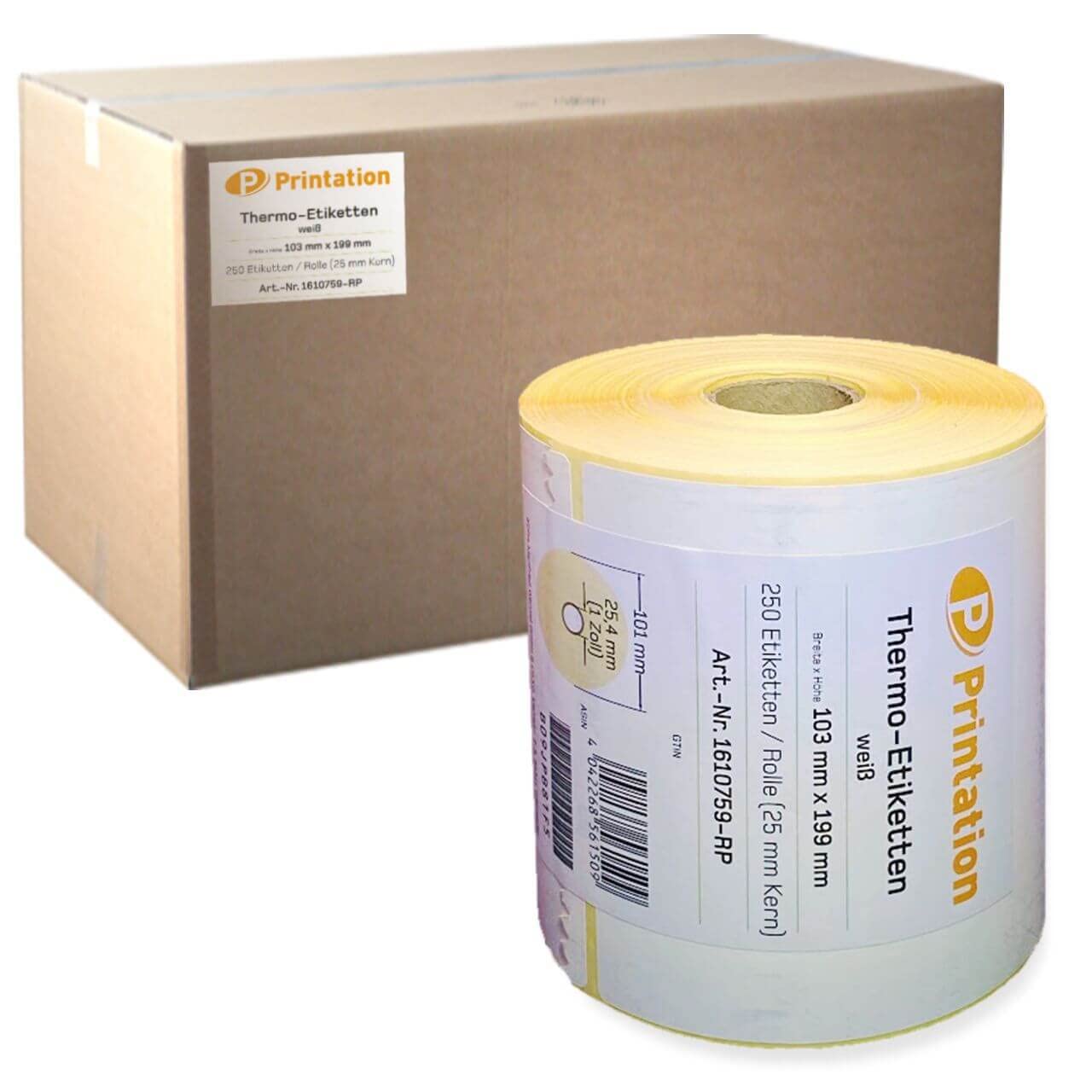 Printation Etichette per spedizione, 103 x 199 mm, bianco, DHL, DPD, GLS, UPS – 6000 103 x 109 mm, 250 etichette termiche Thermo ECO per rotolo, adesivo termodiretto per pacchi – nucleo da 25 mm
