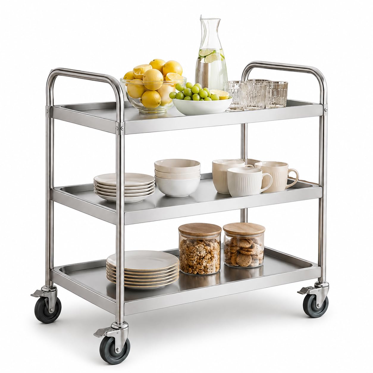 Carro de cocina de acero inoxidable con ruedas y frenos, 3 estantes, carro de servicio para cocina, restaurante, hotel, laboratorio, 50 x 40 x 86 cm