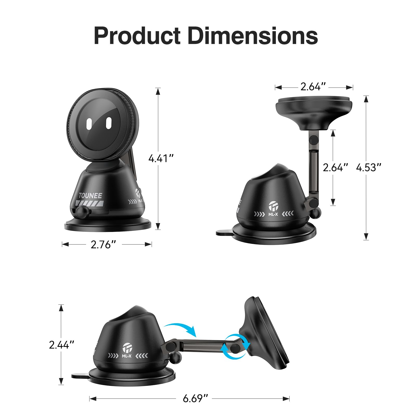 tounee Magnetyczny uchwyt samochodowy na deskę rozdzielczą, obracany o 360°, uchwyt na telefon samochodowy, uniwersalny stojak na telefon komórkowy do iPhone 17 Pro Max 16 15 14 13 12-czarny