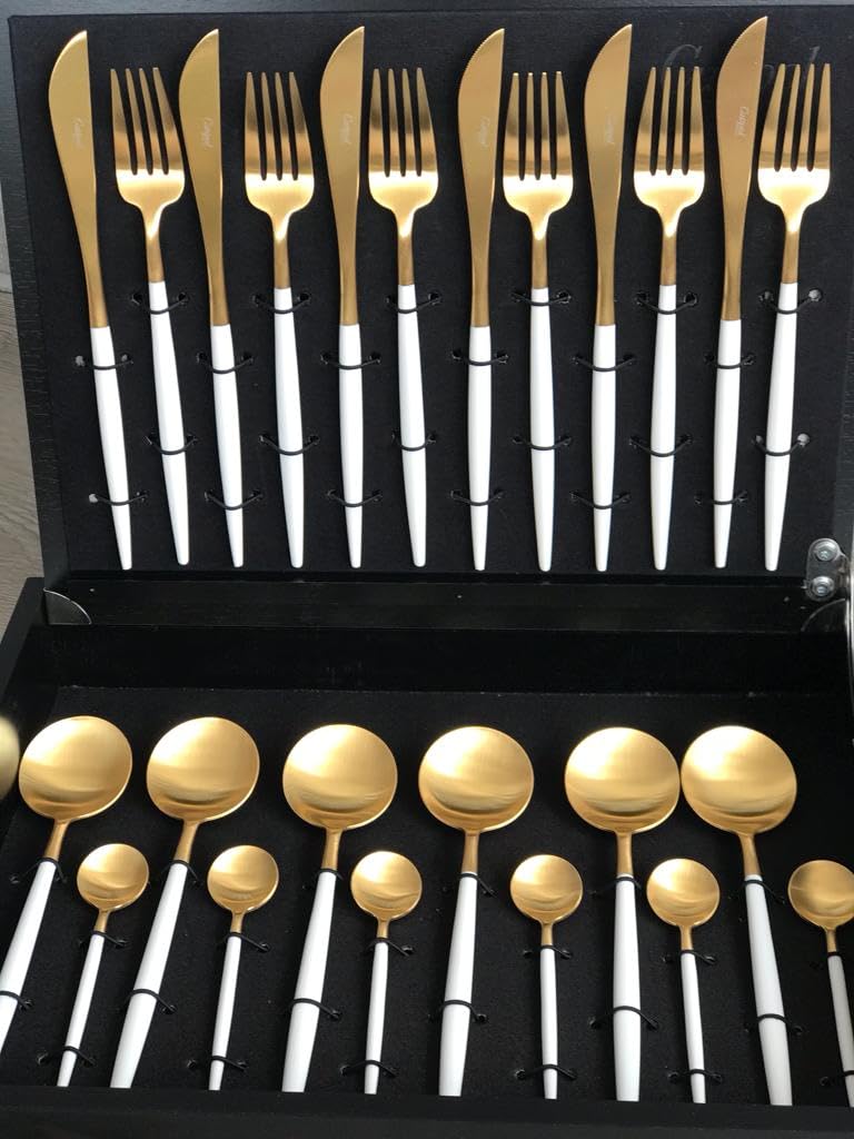 Cutlery Set 24 Pcs MATTE GOLD WHITE HANDLE Stainless Steel NEW