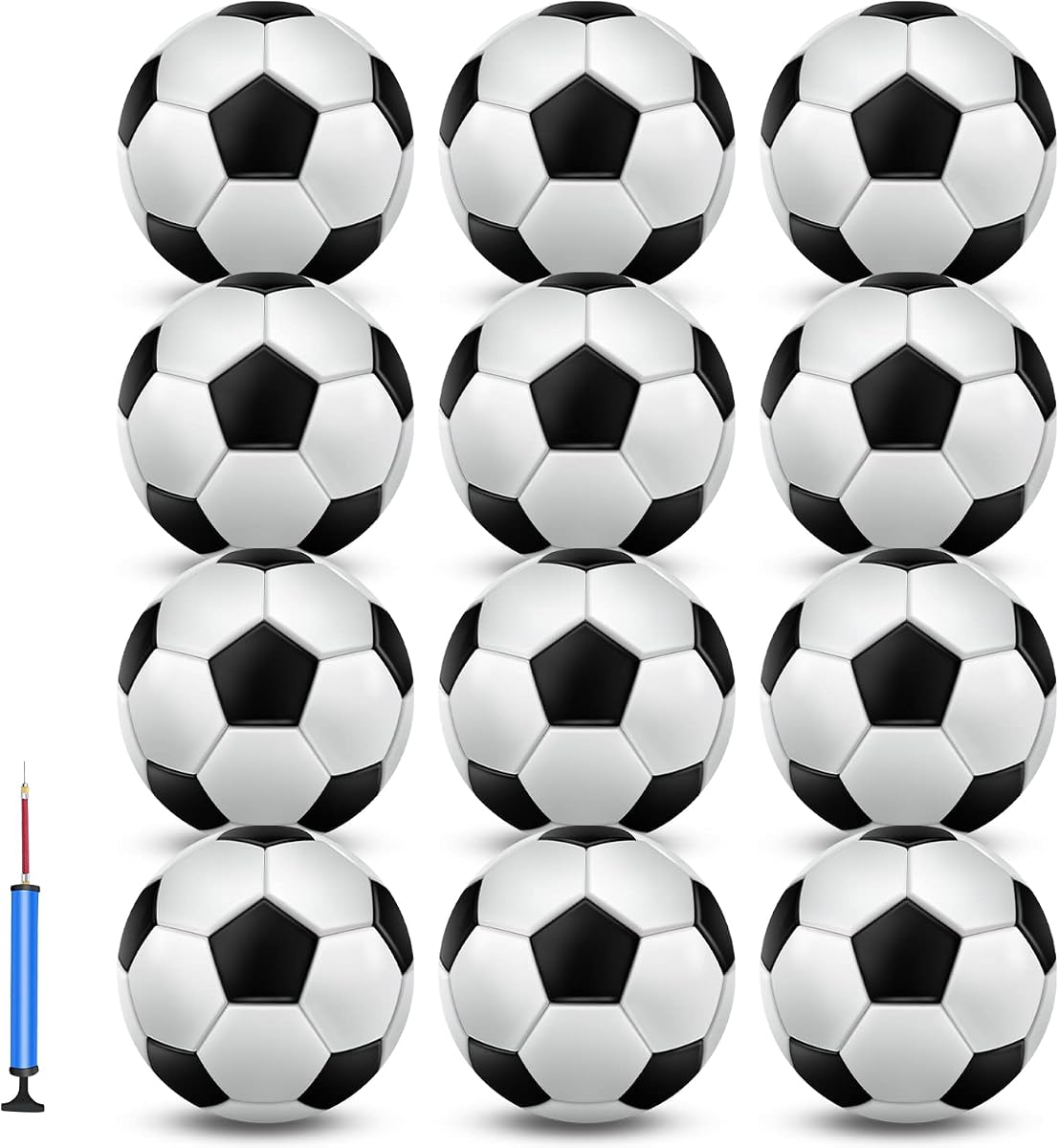 Jiaonun Paquete de 12 balones de fútbol clásicos tamaño 3/4/5 inflables con bomba para niños, jóvenes y adultos, balón de fútbol blanco y negro a granel