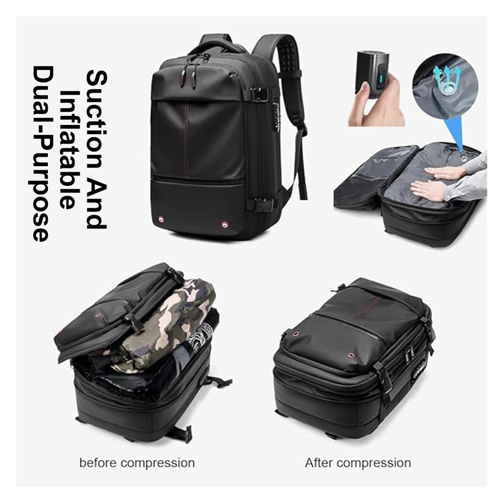 Sac À Dos Airbag avec Système De Vide, Sac À Dos Extensible De 60 L, Compression sous Vide for Hommes, Femmes, Affaires, Aventure en Plein Air(Gray,Manual Press)
