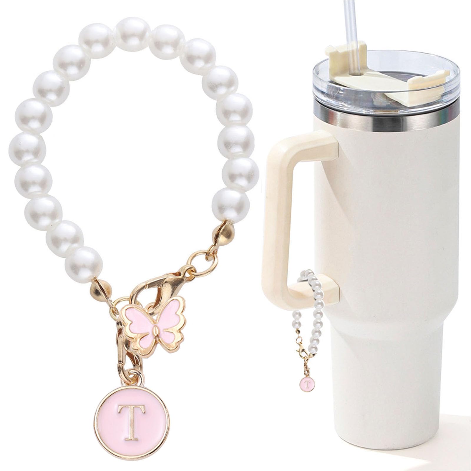 Accessories for Stanley Cup Pearl Chain Initial Accessoriess for Handle Stuff Decor Water Bottle Jewelry Tumbler Cute Simple Modern Personalized Name ID Decorations Letter Pink Tag T