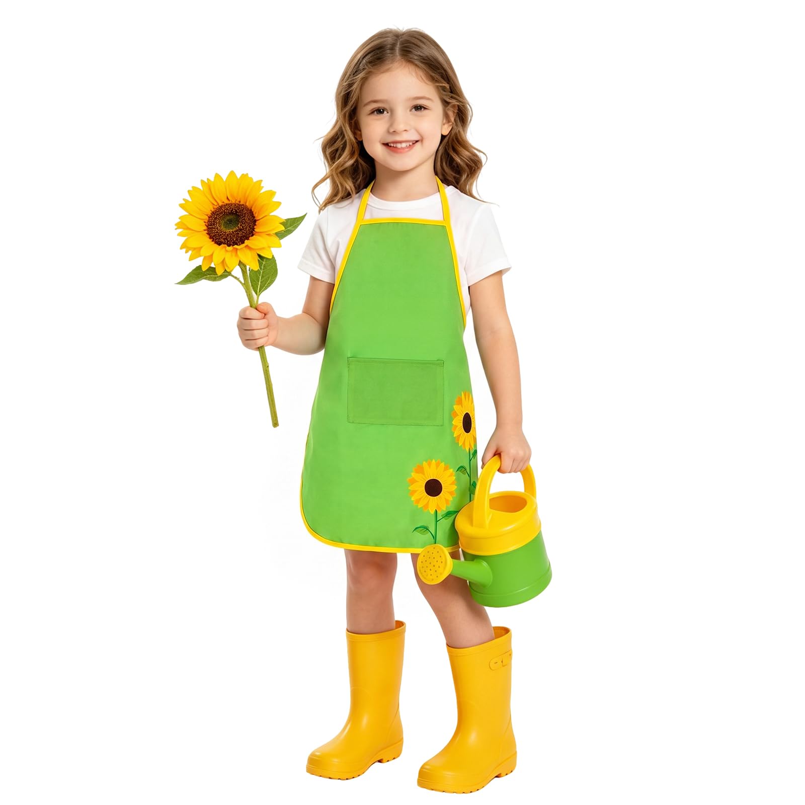 AYBUY Kids Aprons, Adjustable Sunflowers Children's Apron with Pockets, Cartoon Style Child Chef Aprons, Children Kitchen Apron for Painting Baking Artist and Gardening（Style E, Green）