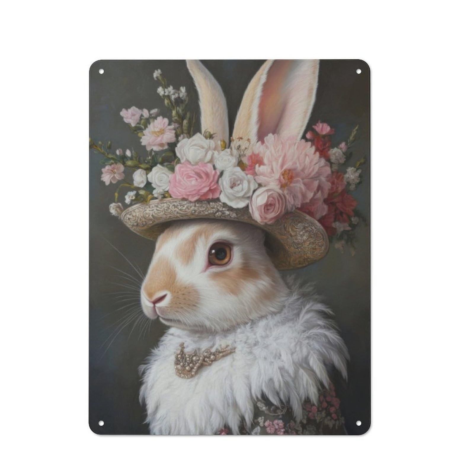 Junmoney Rabbit In A Floral Hat Metal Plaque 40X30cm With For Hallway Wall, Rustic Decor, For Garage, Workshop And Man Cave Decoration