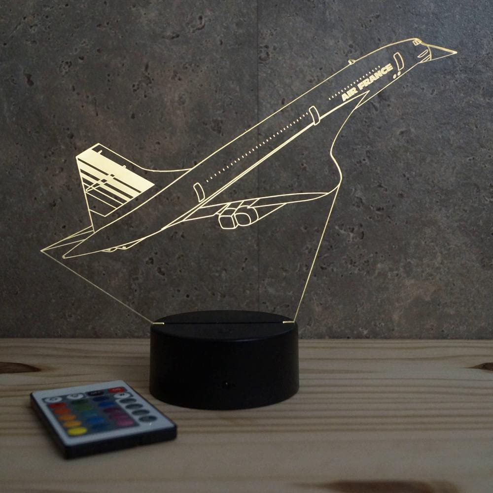 Lampe LED 3D Concorde – Veilleuse 16 Couleurs + Télécommande – Cadeau Passion Aviation & Avion Supersonique – Décoration Aéronautique – Fabrication Française Artisanale