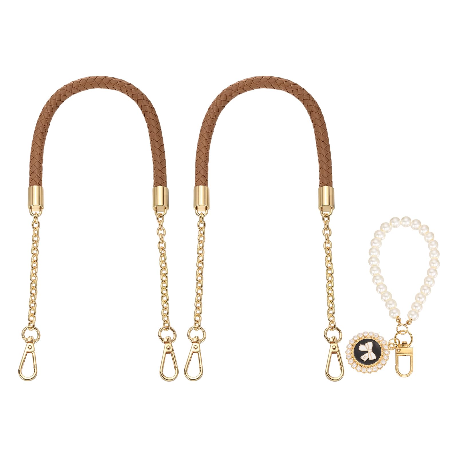 sourcing map 2 Pcs PU Leather Chain Purse Strap, 23.6 Inch Braided Purse Handles Replacement Strap with Pearl Pendant for Tote Bag Handbag Underarm Bag (Coffee, Light Gold Chain)