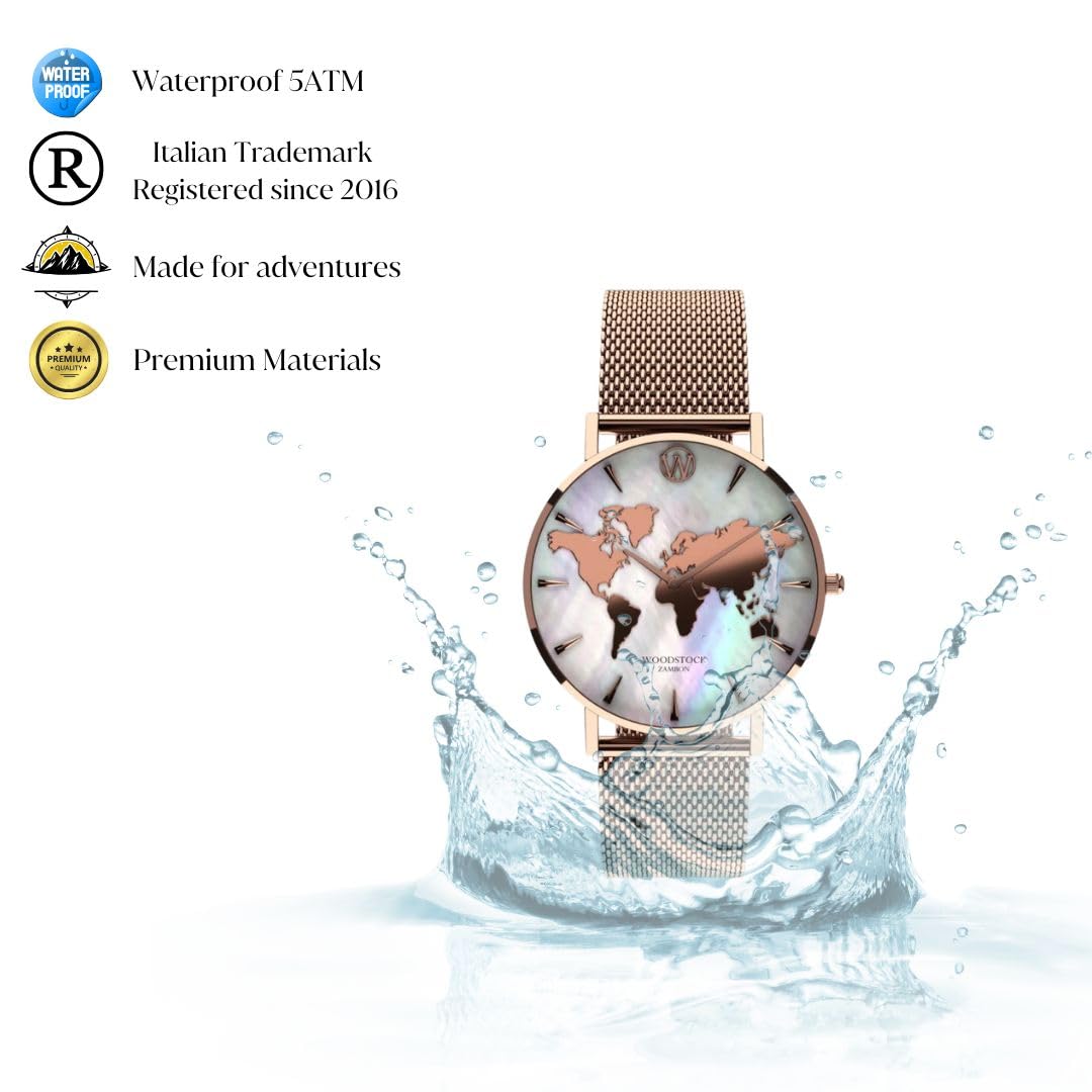 Woodstock Zambon Orologio Donna Elegante – Quadrante in Vera Madreperla – Acciaio 316L Oro Rosa – 5ATM Impermeabile – Design Raffinato e Regolabile – Regalo di Lusso