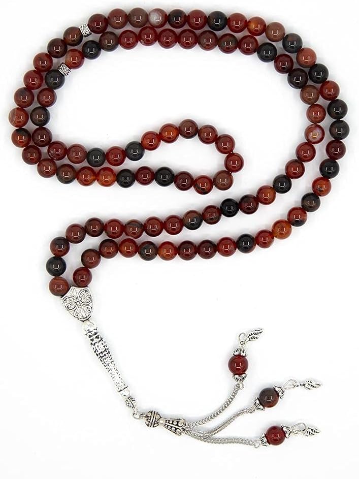Modefa Turkish Islamic Luxury Prayer Beads | 99 Count Round Multicolored Agate Stone Tesbih (Brown/Red)