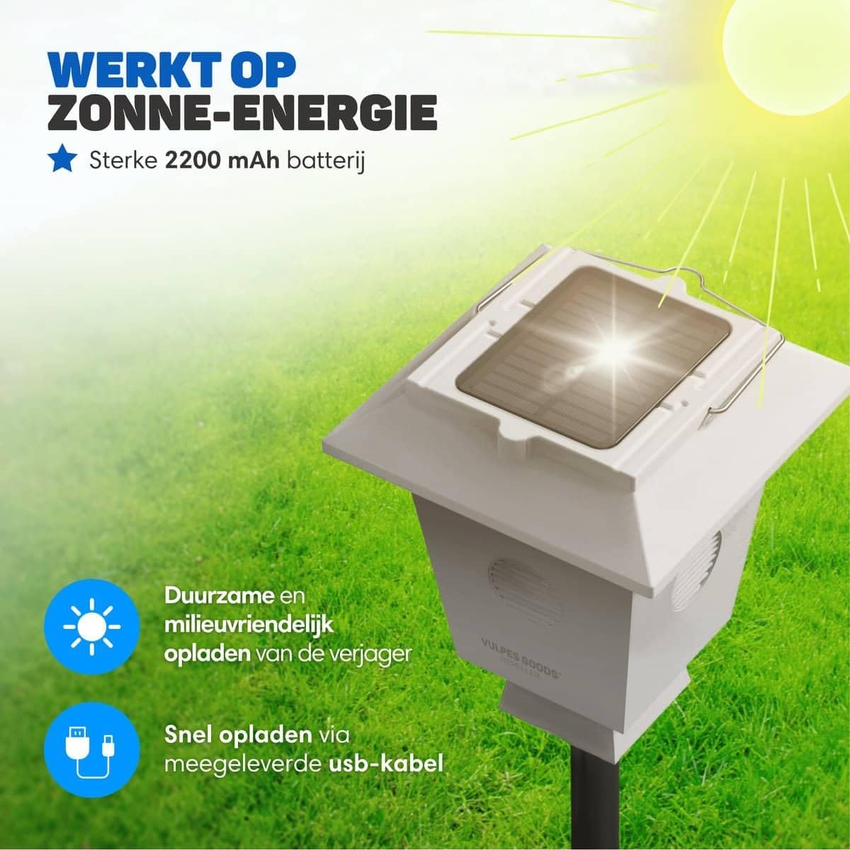 Solar panel and USB charging port on the bird repeller