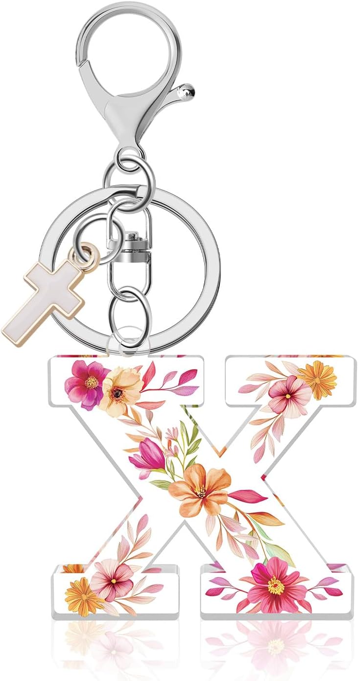 Initial Letter Keychain with Cross Pendant, A-Z Alphabet Monogram Key Chains, Acrylic Key Ring for Car Key Purse Backpacks(Letter X), Pink, Medium