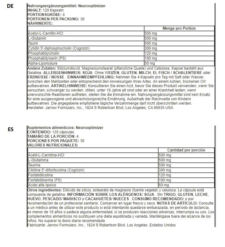 Jarrow Formulas Neuro Optimizer – 120 Kappen, kognitive Unterstützung & Gehirngesundheit