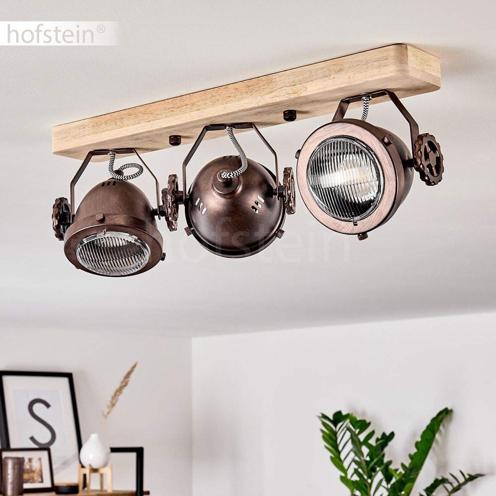 Plafonnier 3 Spots Herford - Style Industriel Vintage - Bois, Métal Cuivré Et Verre - Pivotant, Pour Ampoules GU10