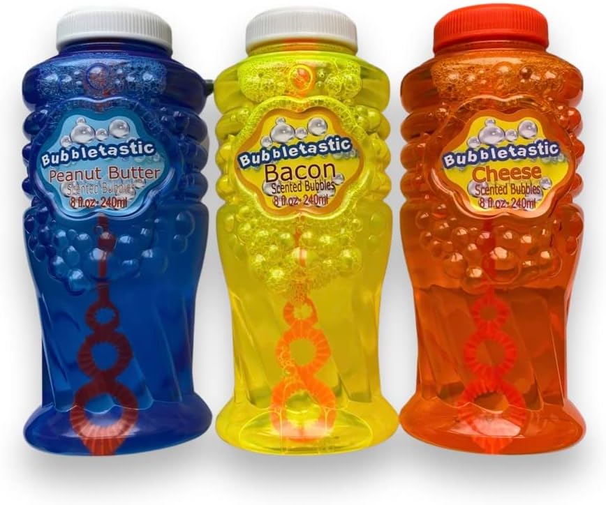 Dog Bubbles Triple Chomp Pack - Bacon Bubbles, Peanut Butter Bubbles and Cheese Bubbles - Three 8 oz Bottles with Wands - Dogs Love Bubbles!