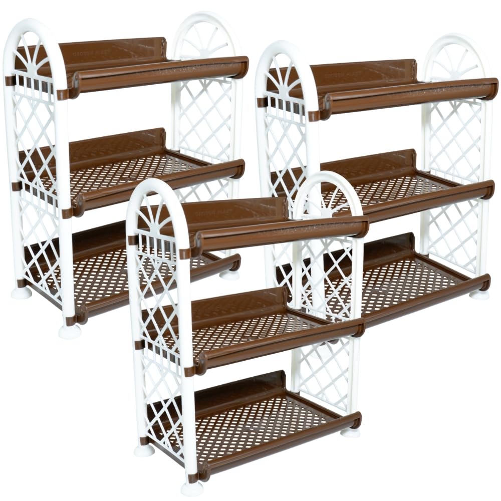 simply home rexo 3 tier plastic multipurpose storage organizer-easy to fit, wall hanging durable & lightweight rack for kitchen, bathroom,kids & office - space-saving rack| set of 3 | brown