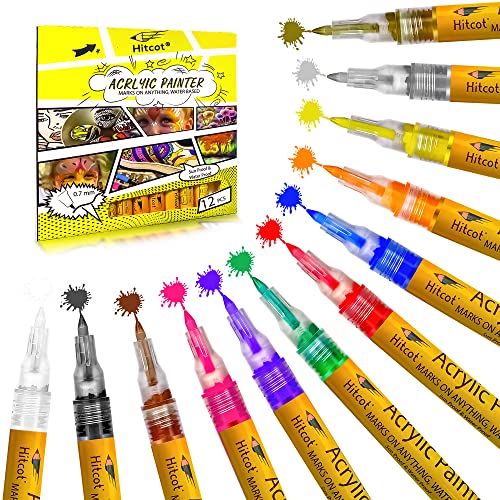 HITCOT Bolígrafos de pintura acrílica, paquete de 12 con 3 plantillas para pintura de roca, punta fina a base de agua, marcadores permanentes de pintura permanente para cerámica, madera, piedra