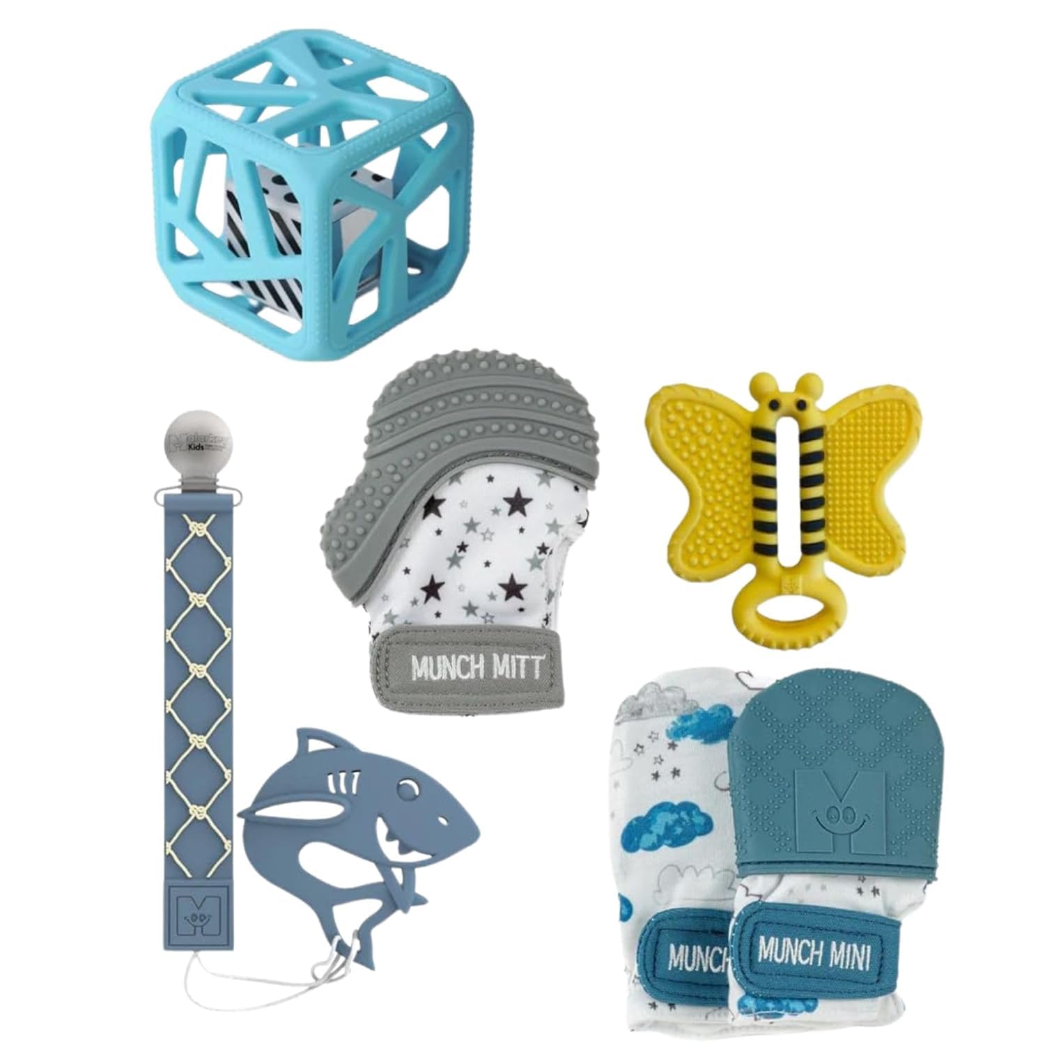 Malarkey kids Gift Set of 5 Packs, Munch Mini, Munch Mitt, Baby Chew Cube, Teether Tether + Teether, Toothbrush Teething Bundle Gift Set for Baby no More Blues for Boys & Girls (Ideal for 3+ Months)