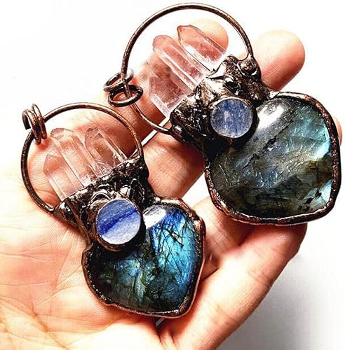 TEAMWILL Colgante de cristal de labradorita natural de corazón de cuarzo transparente curativo Reiki colgante 1pc