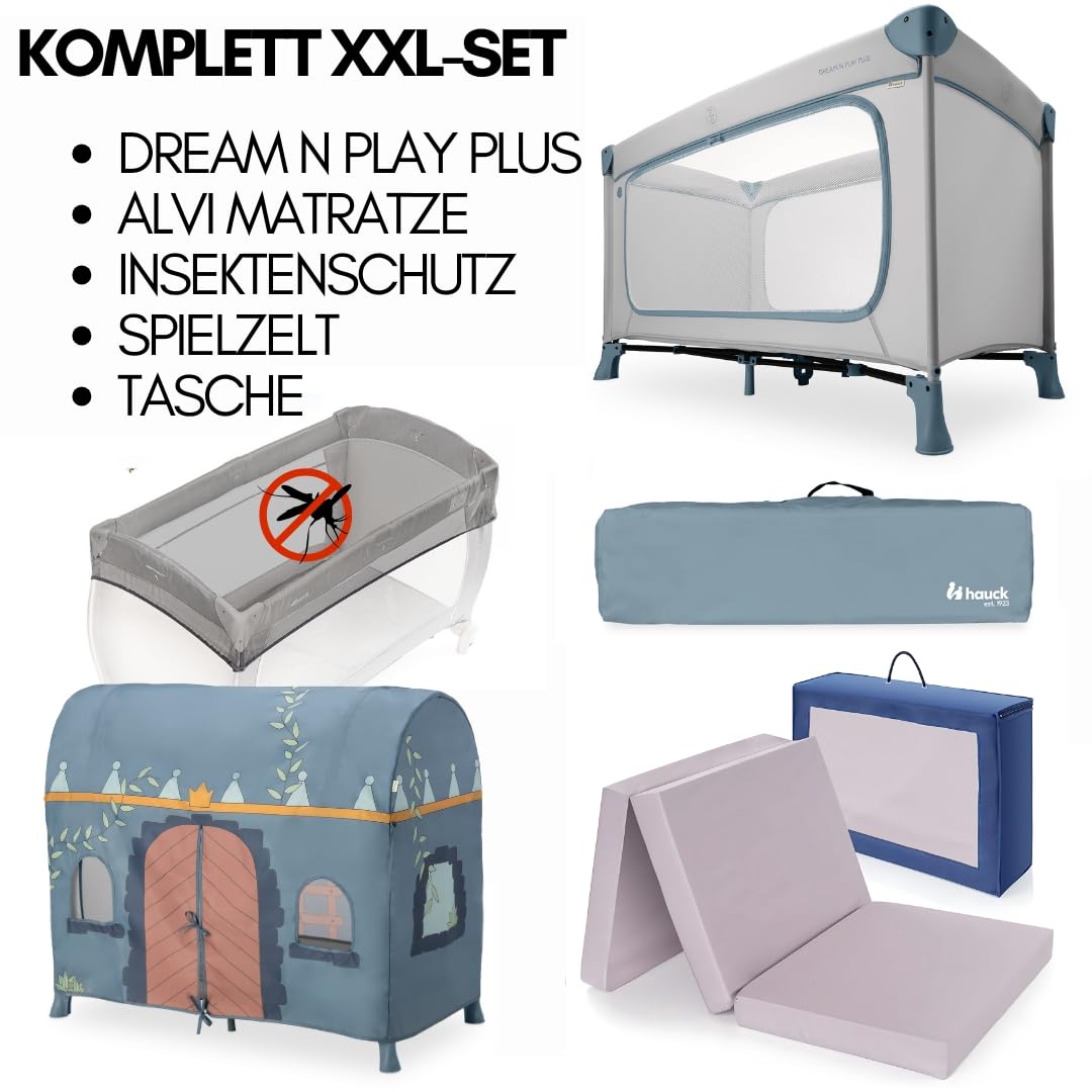 hauck Kinderreisebett Dream N Play Plus – XXL Zubehörpaket mit Matratze, Spielzelt & Insektenschutz, faltbar & klappbar, Tasche & großem Eingang – Dusty Blue