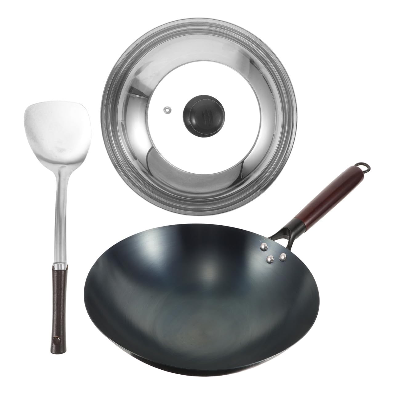 IMIKEYA Wok de Hierro Negro con Tapa y Espátula, Sartén de Base Redonda Resistente y Anti Óxido para Cocina y Sellado de Carnes, Adecuado para Principiantes y Profesionales