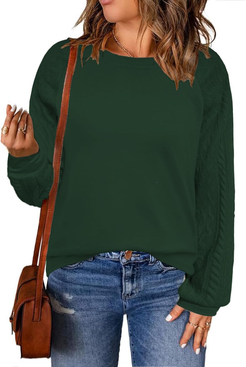 VISLILY Womens-Plus-Size-Sweatshirts Trendy Raglan Cable Knit Long Sleeve Shirts Casual Crewneck Pullover Tunic Tops XL-5XL - Image 2