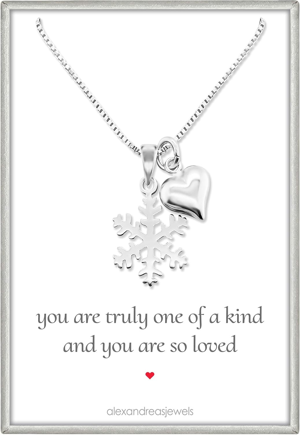 Delicate and Dainty Sterling Silver Snowflake Necklace for Women, Snowflake with Heart Charm Necklace Winter Birthday Jewelry Gift, 18 inches