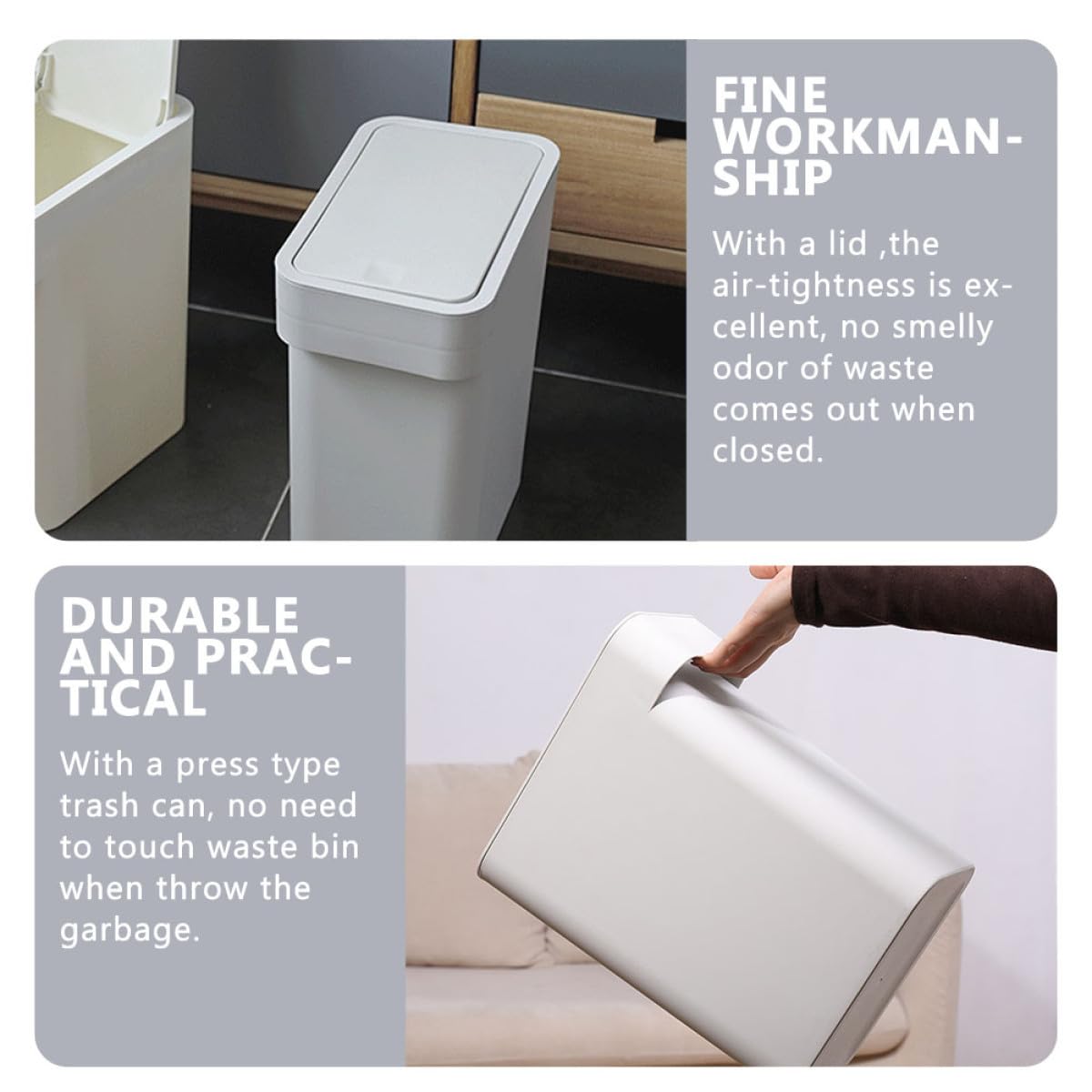 NUOBESTY Cestino per la Carta Straccia Coperchio a Pressione, Contenitore per Rifiuti Domestico Bianco Compatto, Pattumiera Versatile per Cucina, Bagno, Ufficio e Camera da Letto