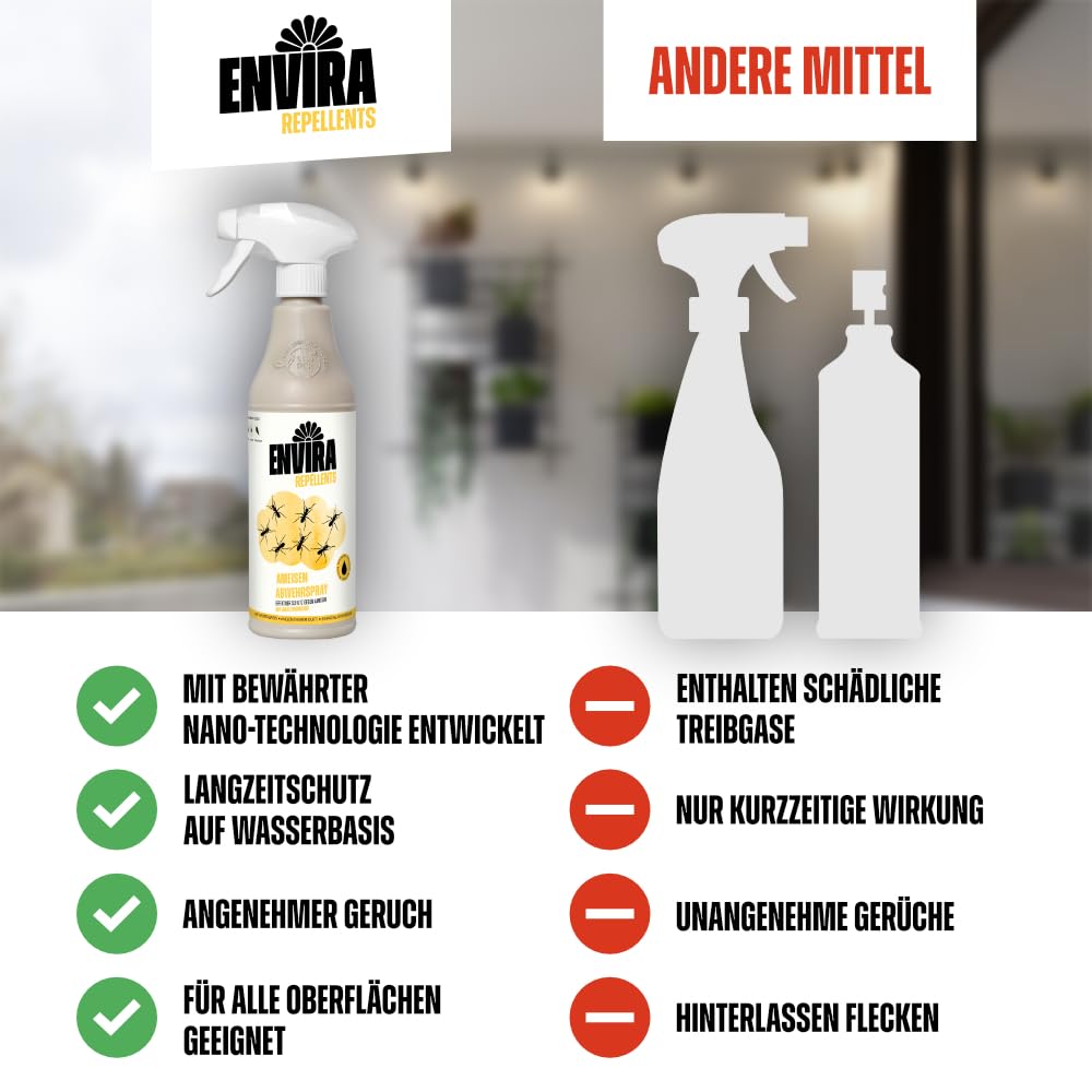 Envira Ameisen Spray 500ml – Ameisenspray gegen Wegameisen, Pharaoameisen, Waldameisen – Abwehrspray mit 3 Monate Langzeitwirkung – Ameisenmittel für Haus, Wohnung, Garten, Terrasse – Auf Wasserbasis