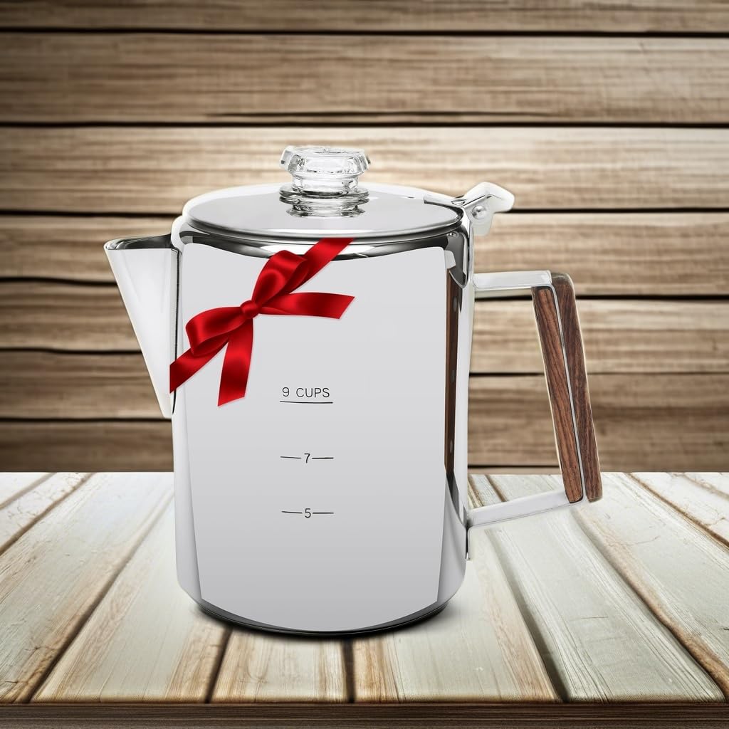 MEREZA Percolatori per caffè piano cottura per campeggio, caffettiera da campeggio, piano cottura da campeggio, macchina da caffè in acciaio inox, per campeggio all'aperto, casa, 9 tazze, senza