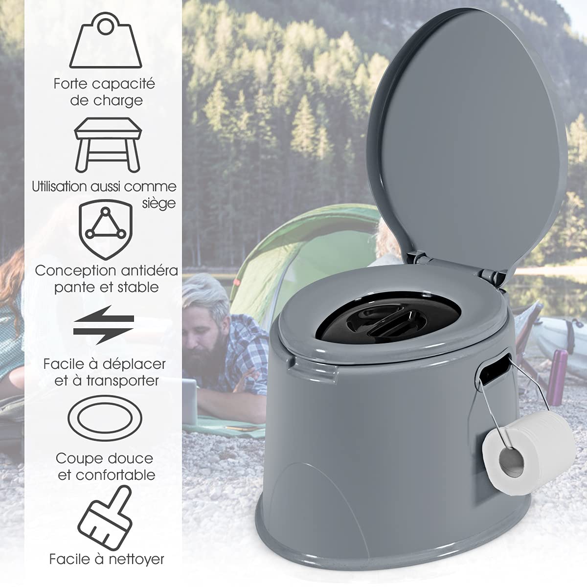 COSTWAY Toilette Sèche Portable Extérieure 5L avec Seau Intérieur et Porte-Papier Amovible pour Camping, Randonnée, Charge Max 200 kg