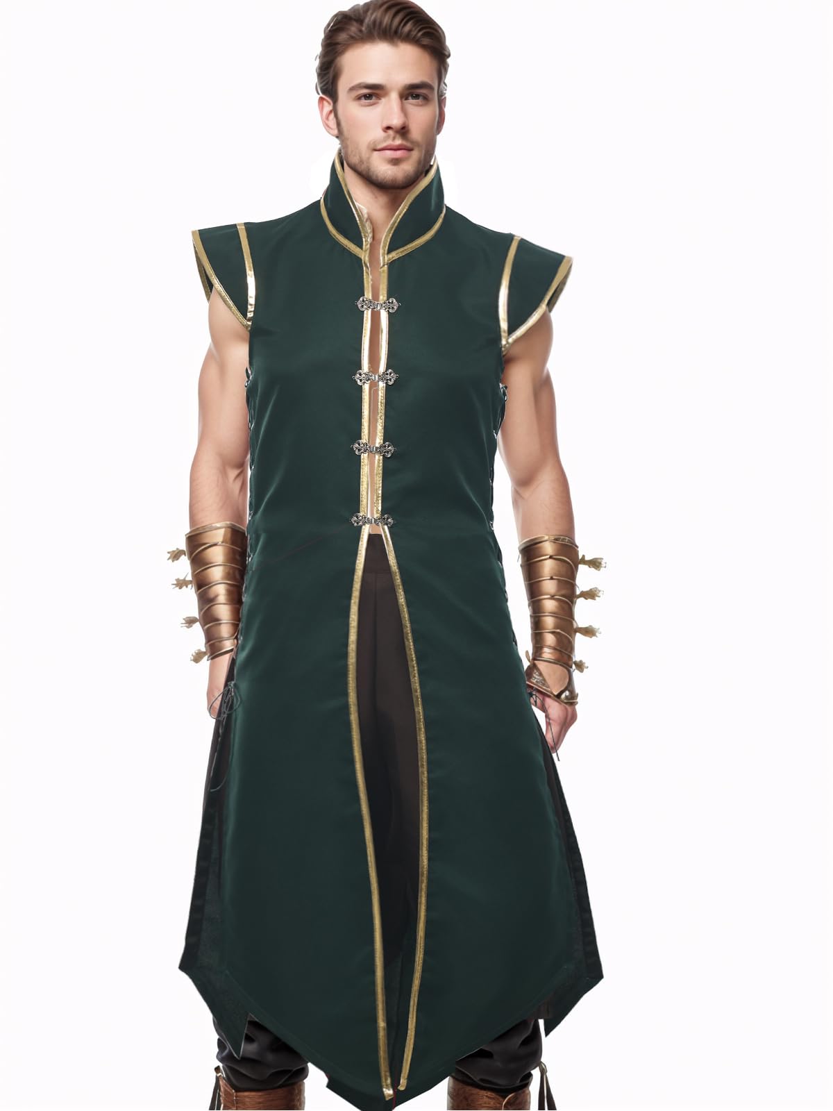 UniqKaliber Men’s Medieval Viking Vest, Renaissance Sleeveless Tunic Tops Vintage Long Vest Knight Cosplay Costume