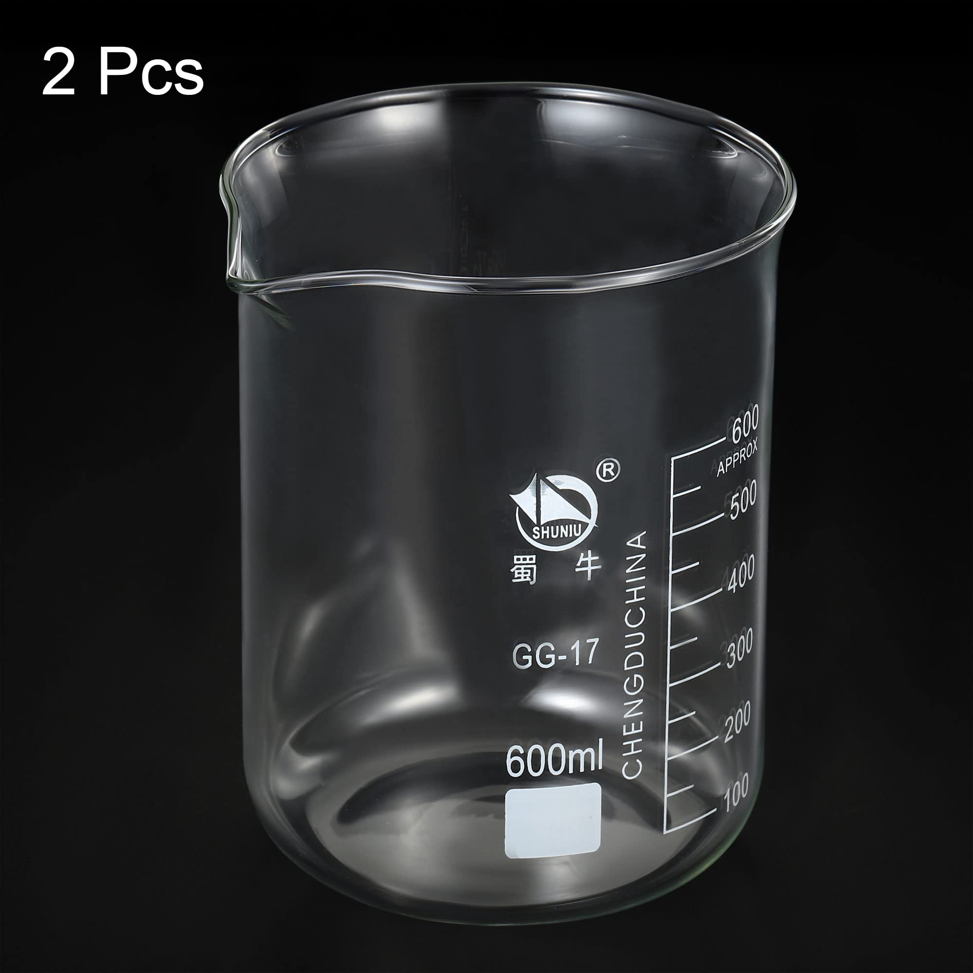 PATIKIL 600ml Bas Forme Verre Bécher, 2 Paquet 3.3 Borosilicate Verre Gradué Imprimé Échelle Tasses à Mesurer avec Bec Verseur pour Cuisine Laboratoire Liquides