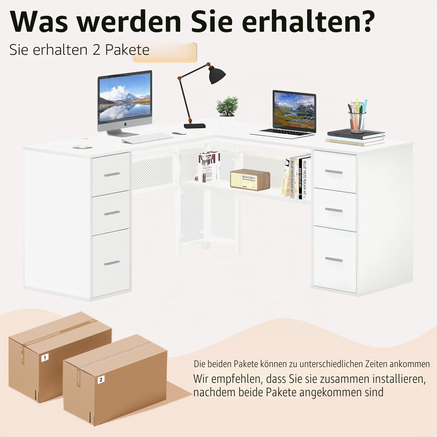 HSH Schreibtisch L mit Schubladen Eckschreibtisch für Homeoffice Computertisch mit Stauraum und Schrank Moderner Schreibtische mit Metall und Holz für Arbeitszimmer Weiß 150 cm