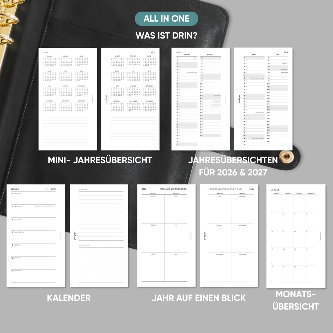 pen & pages® Kalender 2026 "1 Woche eine Seite + ToDo" 1 Woche auf 2 Seiten Personal 9,5 x 17,1 cm Einlage für Ringbuch mit Monatsübersicht Jahresübersicht DACH Feiertagen 6 fach Lochung (All-in-One)