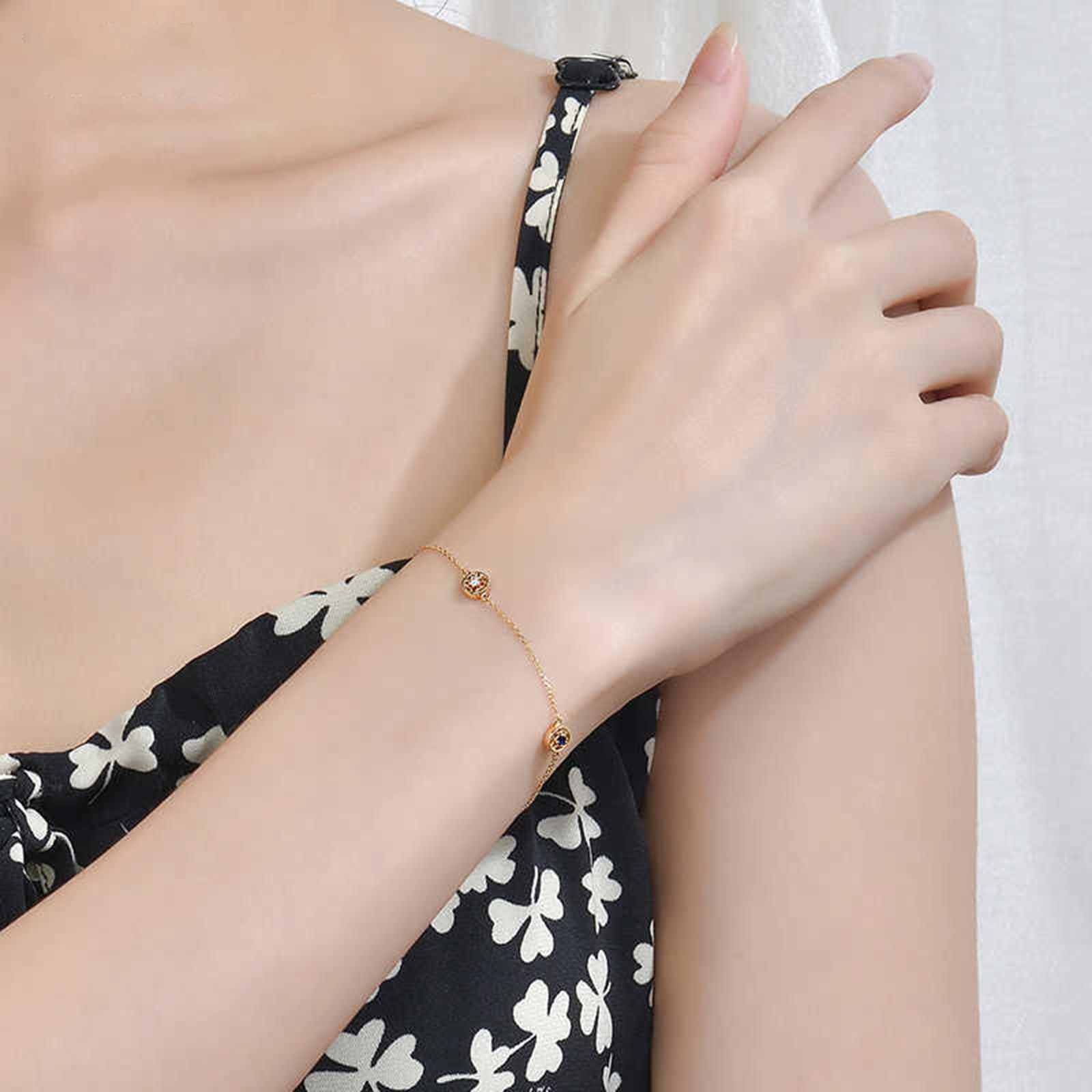 Pulsera Mujer de Oro Amarillo 9Kilates / 14Kilates / 18Kilates, Redondo con Zafiro y Diamante, Cadena Extensible 16 CM + 5 CM, Pulsera Mujer Cadena Oro Azul