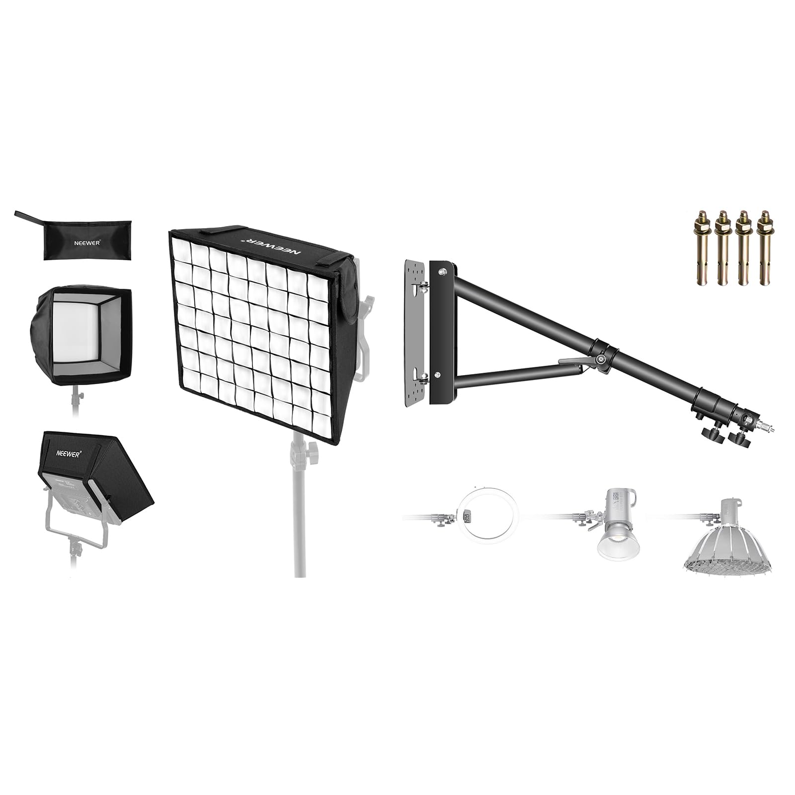 NEEWER 12.2"x11.4" Foldable Softbox Diffuser with Grid for NL660/SNL660/RGB660/RGB660 Pro LED Video Light Panel, Studio Photo Portrait Photography YouTube Video Soft Lighting, 4.3ft Boom Arm Included
