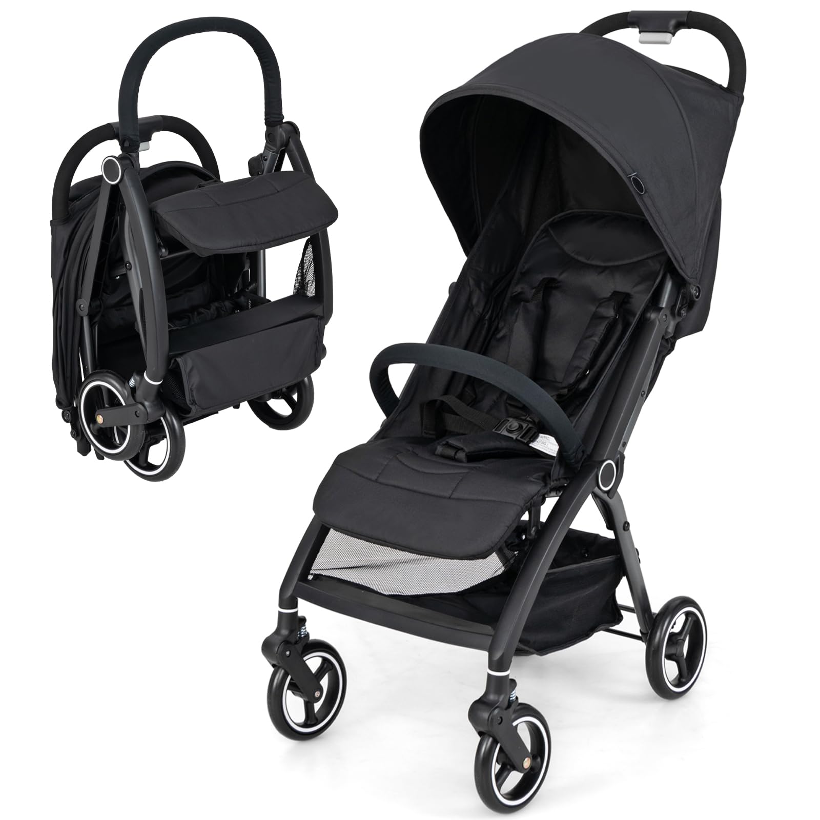 LIFEZEAL Cochecito de Bebé Plegable, Silla de Paseo Ligera con Respaldo Reclinable 150°-180°, Cochecito de Bastón con Toldo Ajustable, Arnés de Seguridad de 5 Puntos, Capacidad para 15 Kg (Negro)