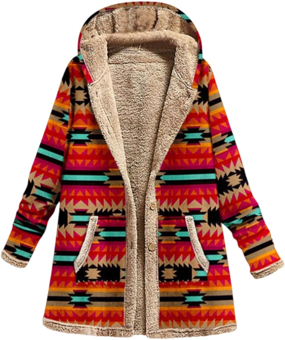 OSCORP Women's Winter Vintage Fleece Lined Patchwork Hooded Jacket Plus SizeSherpa Linen Button Up Long Warm Coat