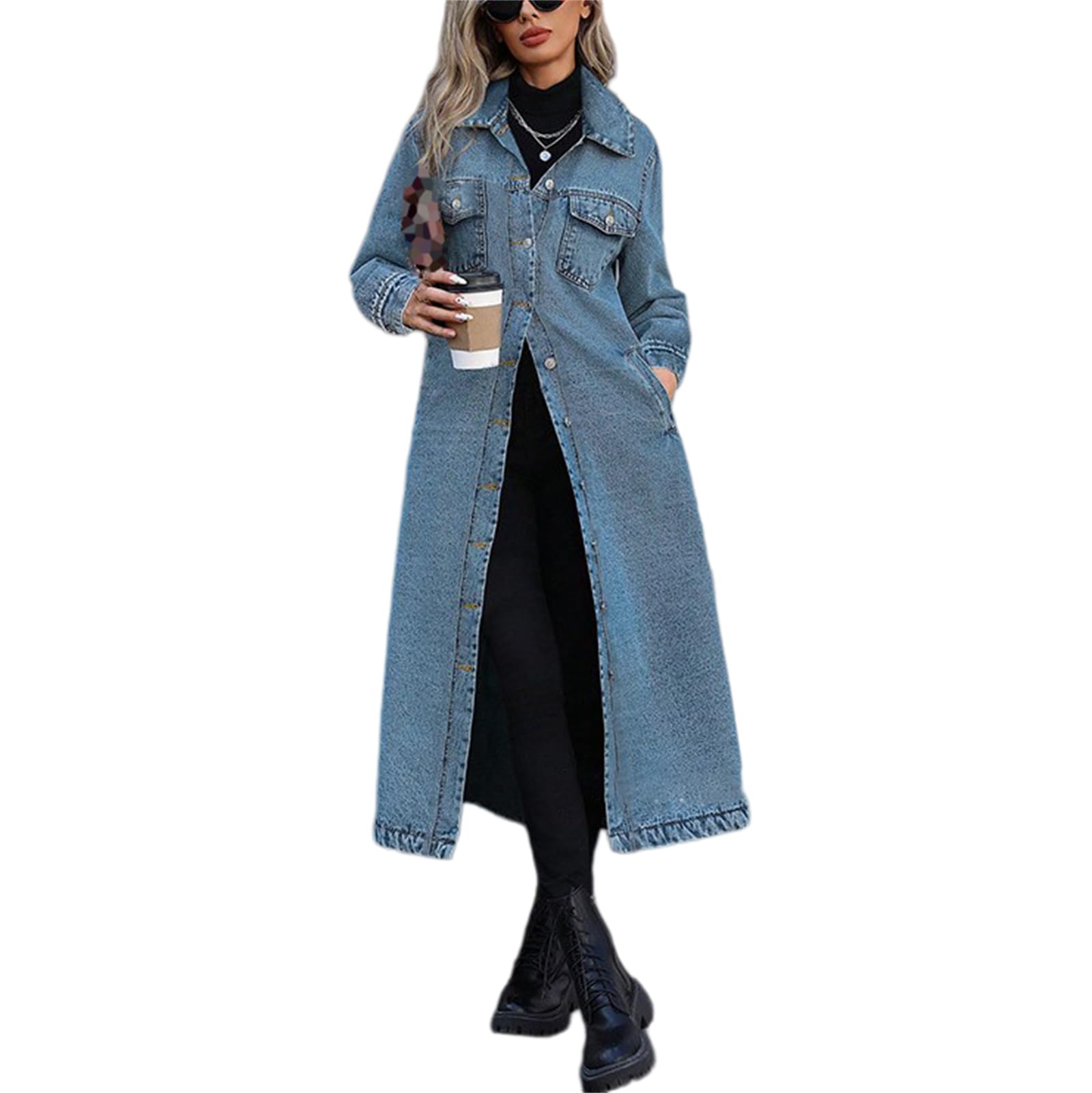 Trench Dżinsowy Długi Damski Klapa Guziki Kurtka Denim Luźna Oversize, Niebieski, S | Wiatroodporny dżins z praktycznymi kieszeniami bocznymi. Łatwe dopasowanie do innych ubrań. Com, idealny do pracy