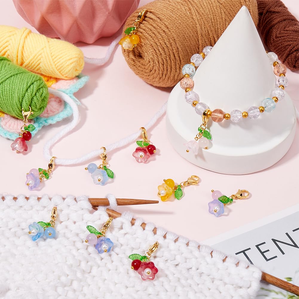 SUNNYCLUE 1 Box 30Pcs Flower Stitch Marker Knitting Markers Charms Bulk Glass Malaysia Jade Colorful Gold Floral Locking Lobster Claw Clasps Charm for Weaving Quilting Jewellery DIY Crafts Accessories - Image 4