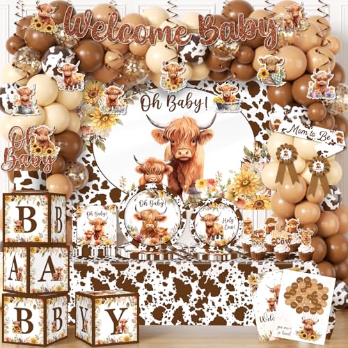 Highland Cow Baby Shower Decorations Include Brown Holy Cow Print Plates and Napkins Banners Cake Topper Tablecloth Balloon Highland Cow Birthday Decorations for Boy Baby Shower Cow Themed Party