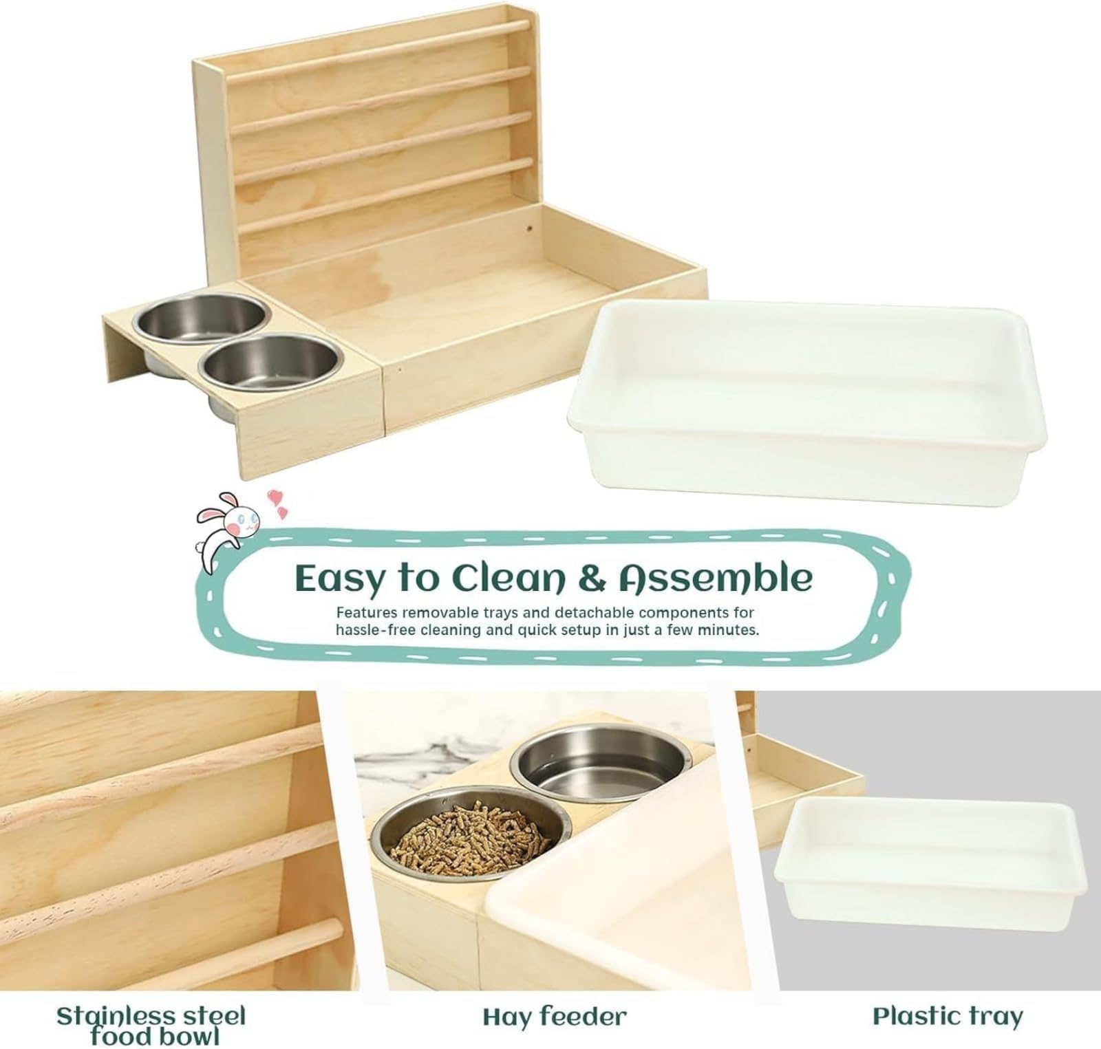 Distributore di alimenti tre in uno in legno per conigli, dispenser per fieno, con ciotole, accessori per gabbie, casseruola, porcellini d'India, alimentatore per topi