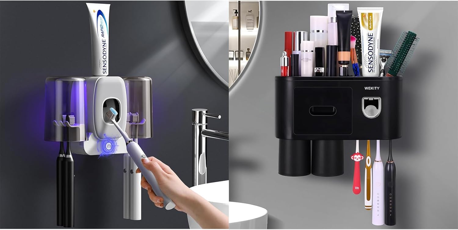 Toothbrush Holders for Bathrooms, Wekity Automatic Toothpaste Dispenser Space Saving Toothbrush and Toothpaste Holder，Toothbrush Holder Wall Mounted with 2 Cups for Bathroom
