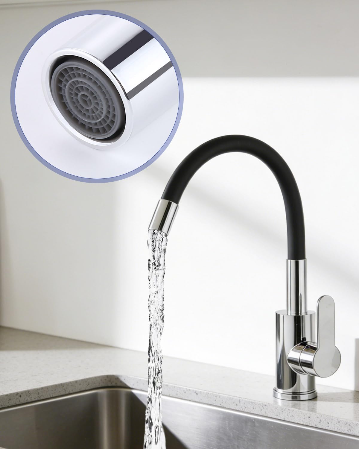 Grifo de Cocina Flexible Grifo de Fregadero de Cocina de Curva Alta Cozinha Monomando de Alta Presión, Giratorio 360°, con Filtro y Tubo de Silicona, Para Agua Caliente Y Fría