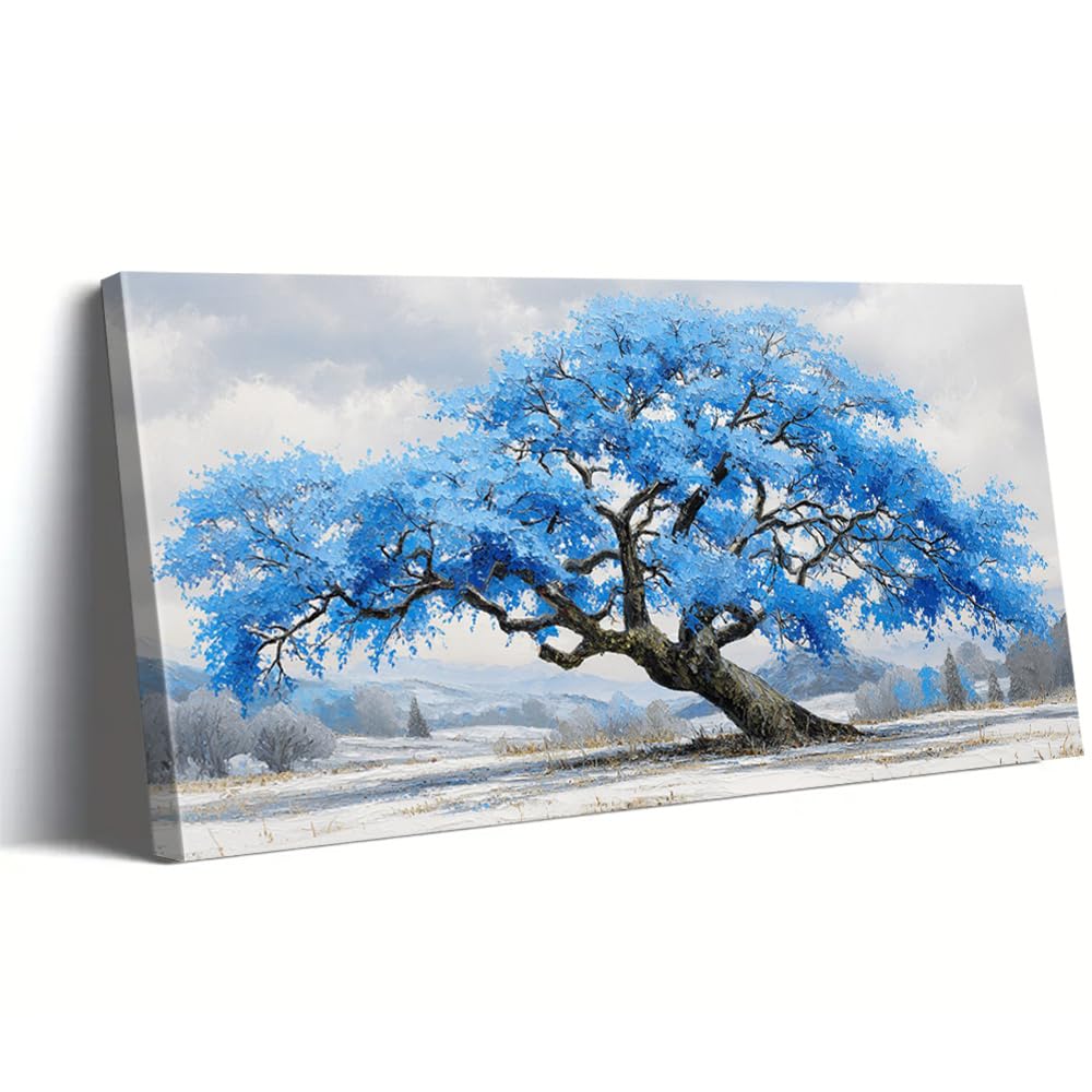 AEFOUU Landscape Canvas Paintings Art Prints Blue Tree Wall Art Serene Scene Posters Modern Wall Decor Pictures for Living Room(60x120cm/24x48in/Frameless)
