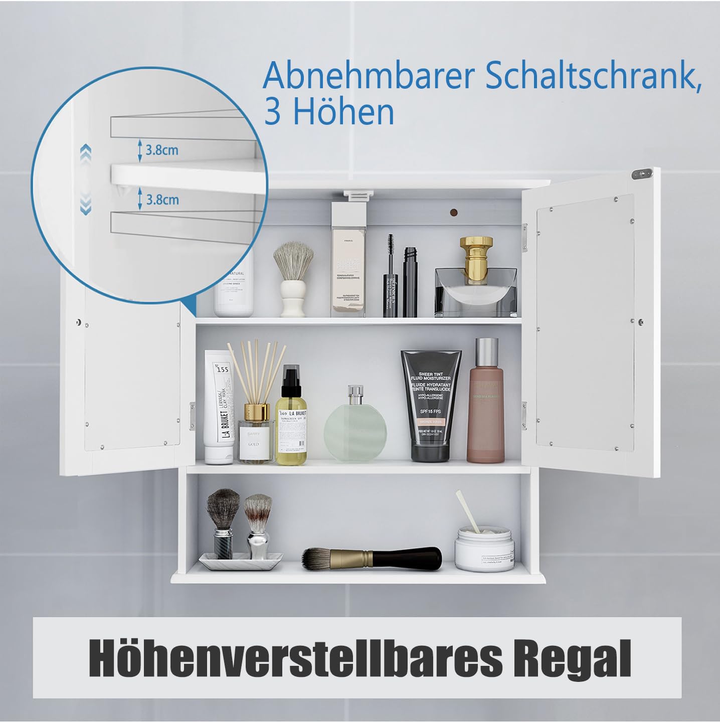 Spiegelschrank, Badezimmerschrank,Spiegelschrank Bad,Badezimmerschrank Hängend Hängeschrank Bad,Badschrank mit 2 Spiegeltüren und offenem Fach,Hölzerner Bathroom Cabinet,13 x 56 x 58 cm,Weiß