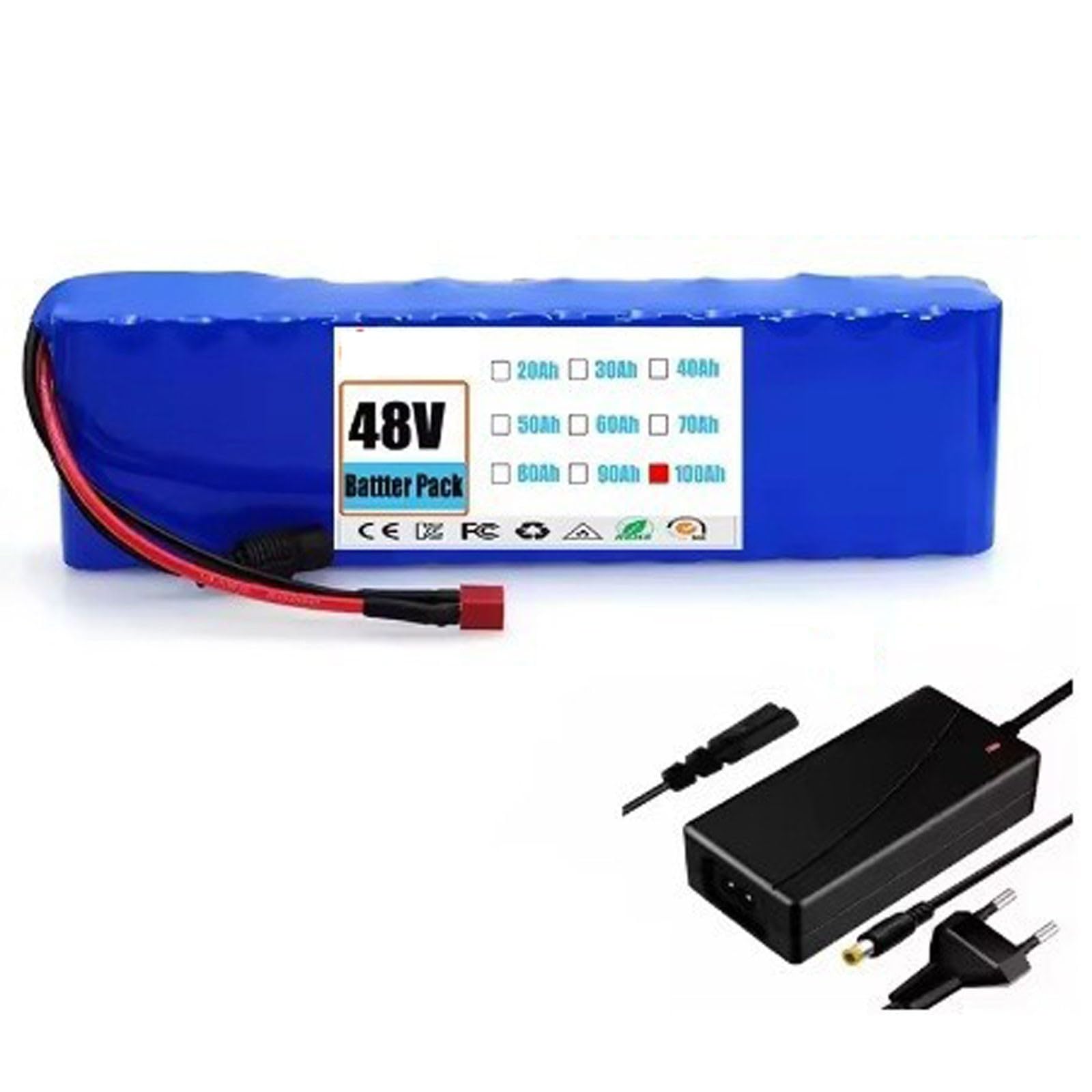 48V 100AH Batteria Per Bicicletta Elettrica Con Caricatore 13S2P Batteria Impermeabile Per Monopattino Elettrico Per Motore 100-600W Sistema BMS integrato 48V 100Ah,XT90+DC