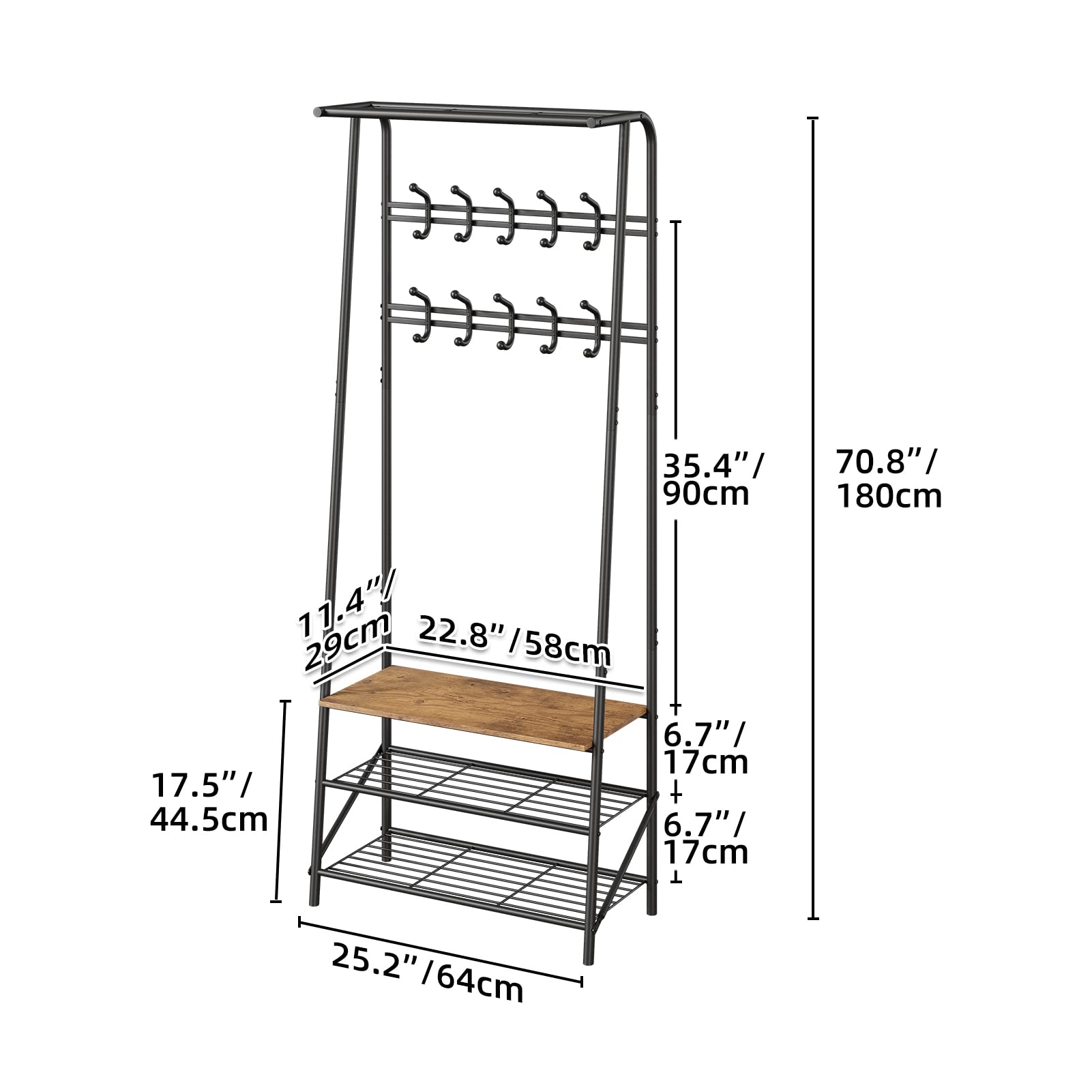 Acekool Perchero recibidor 4 en 1 con Banco Zapatero y 10 Ganchos, Estructura de Acero Resistente, Estante Multifuncional, Acabado Madera rústica, Doble Marca Deportiva de Ganchos, 60 cm.
